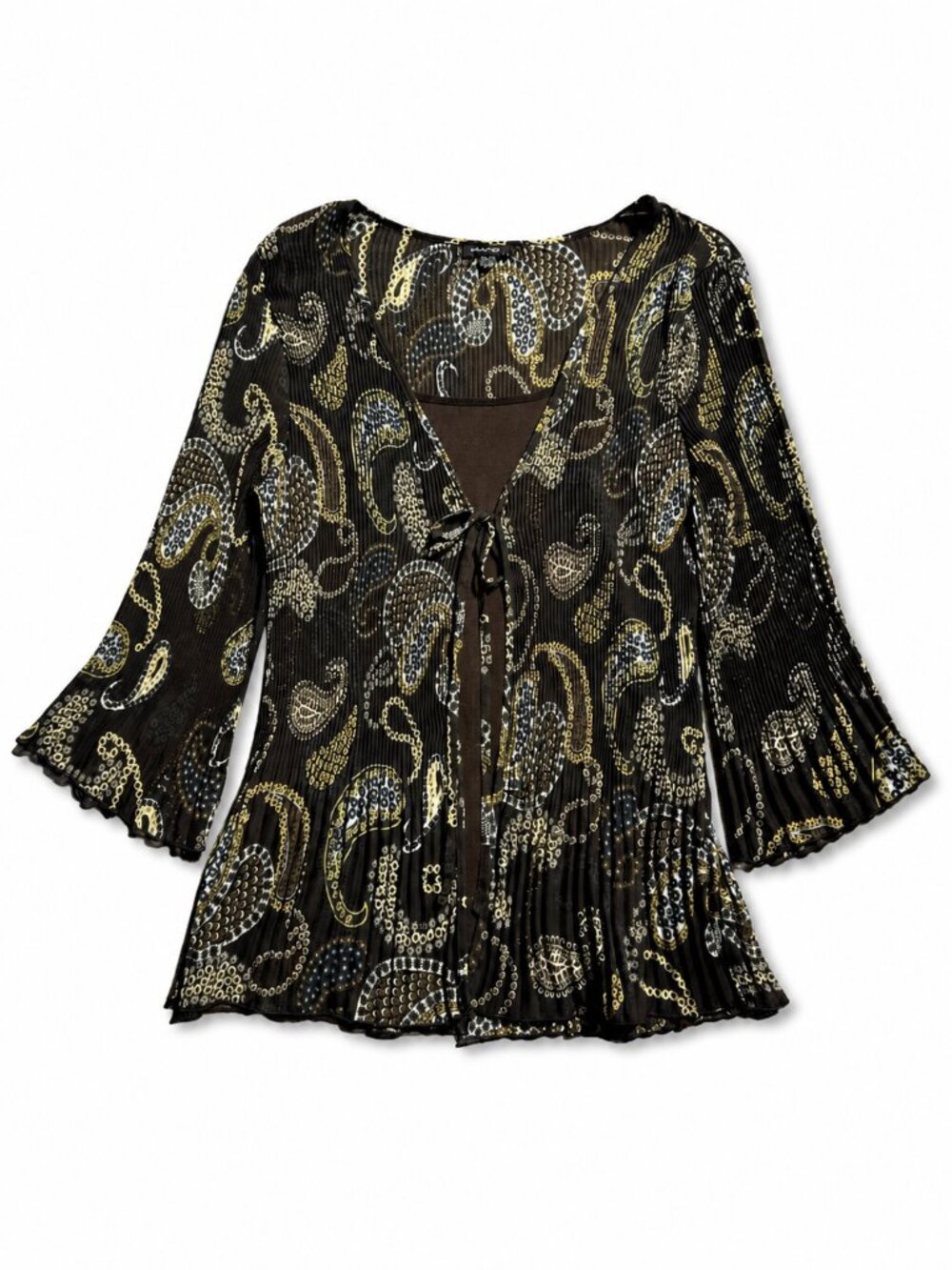 PIANO Dark Brown V-Neck Tie Front Paisley Print Blouse Women's Size Large L